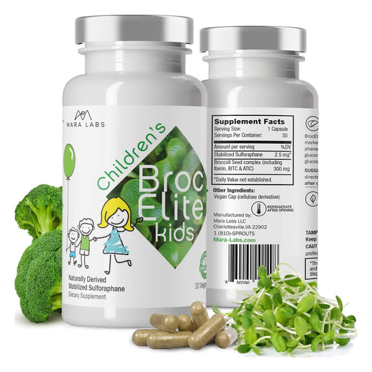 BrocElite Kids packaging highlights a kid-friendly broccoli supplement for daily greens.