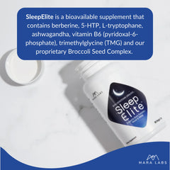 SleepElite packaging highlights L-tryptophan, 5-HTP, and ashwagandha for calm mind.