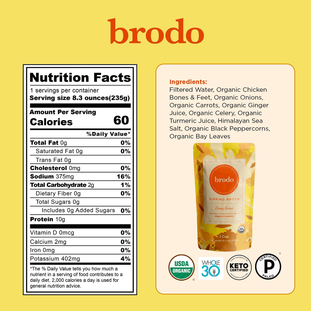 Brodo Coconut Curry & Lime broth bottle, bright aromatics for quick meals.