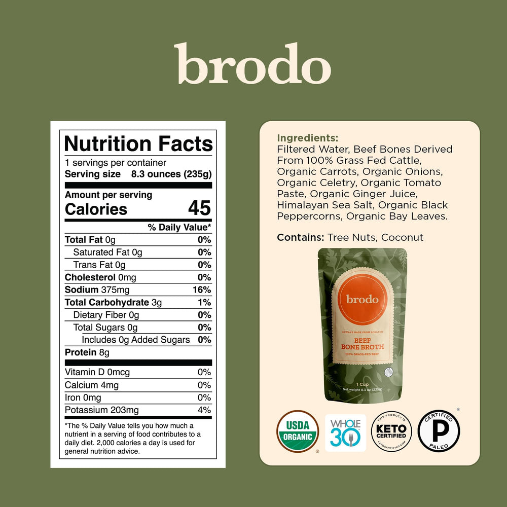 Brodo low-sodium broth pouch for mindful sipping.