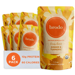 Brodo turmeric-ginger broth pouch ready to heat for a cozy, nourishing sip.