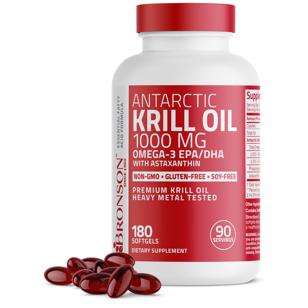 Bronson Antarctic Krill Oil bottle on kitchen counter for daily omega-3 use
