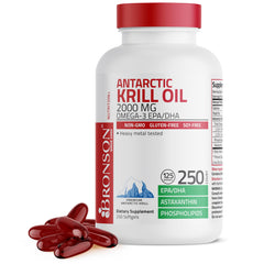 Bronson Antarctic Krill Oil bottle highlights Antarctic sourcing and 2000 mg per serving.