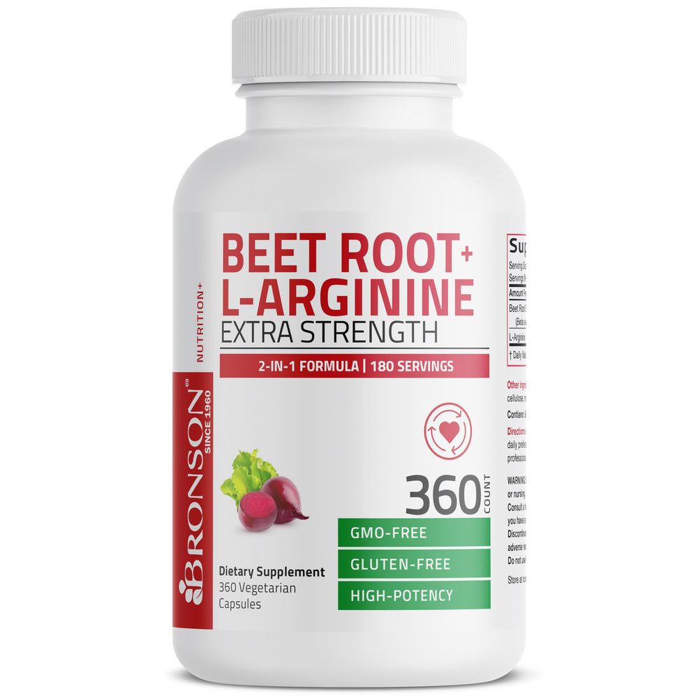Bronson Beet Root L-Arginine bottle label showing vegan and non-GMO status.