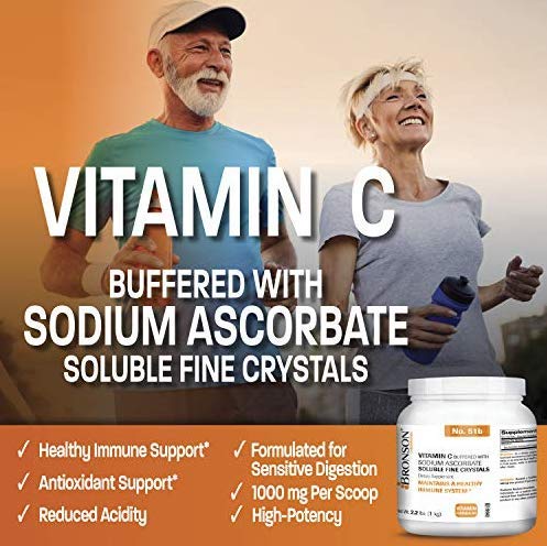 Close-up of Bronson Buffered Vitamin C Powder jar highlighting quality.