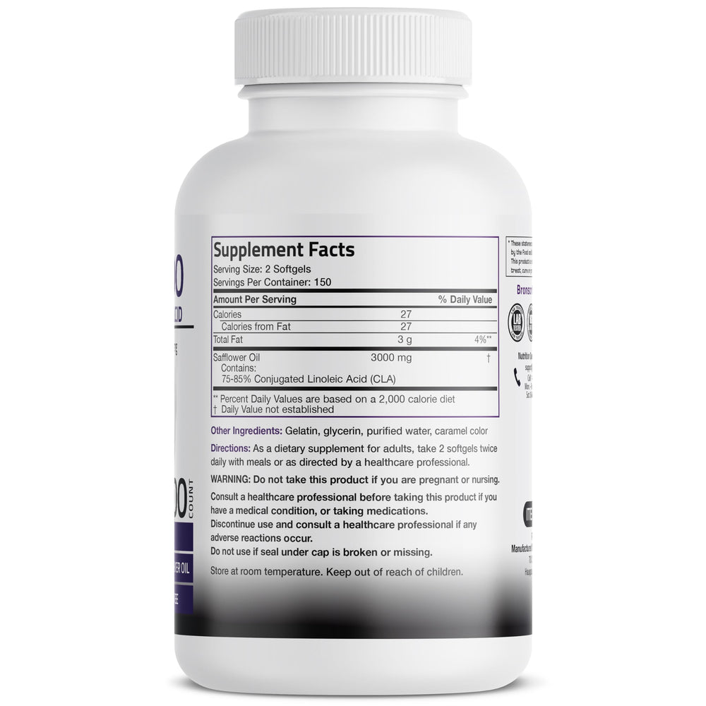 Bronson CLA 3000 bottle back label with supplement facts for informed use.