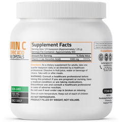 Bronson Vitamin C powder label close-up shows its non-GMO purity.