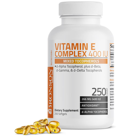 Bronson Vitamin E Complex bottle with softgels for daily skin and immune support.