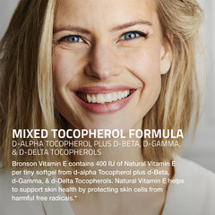 Bronson Vitamin E Complex softgel close-up emphasizing compact capsules.