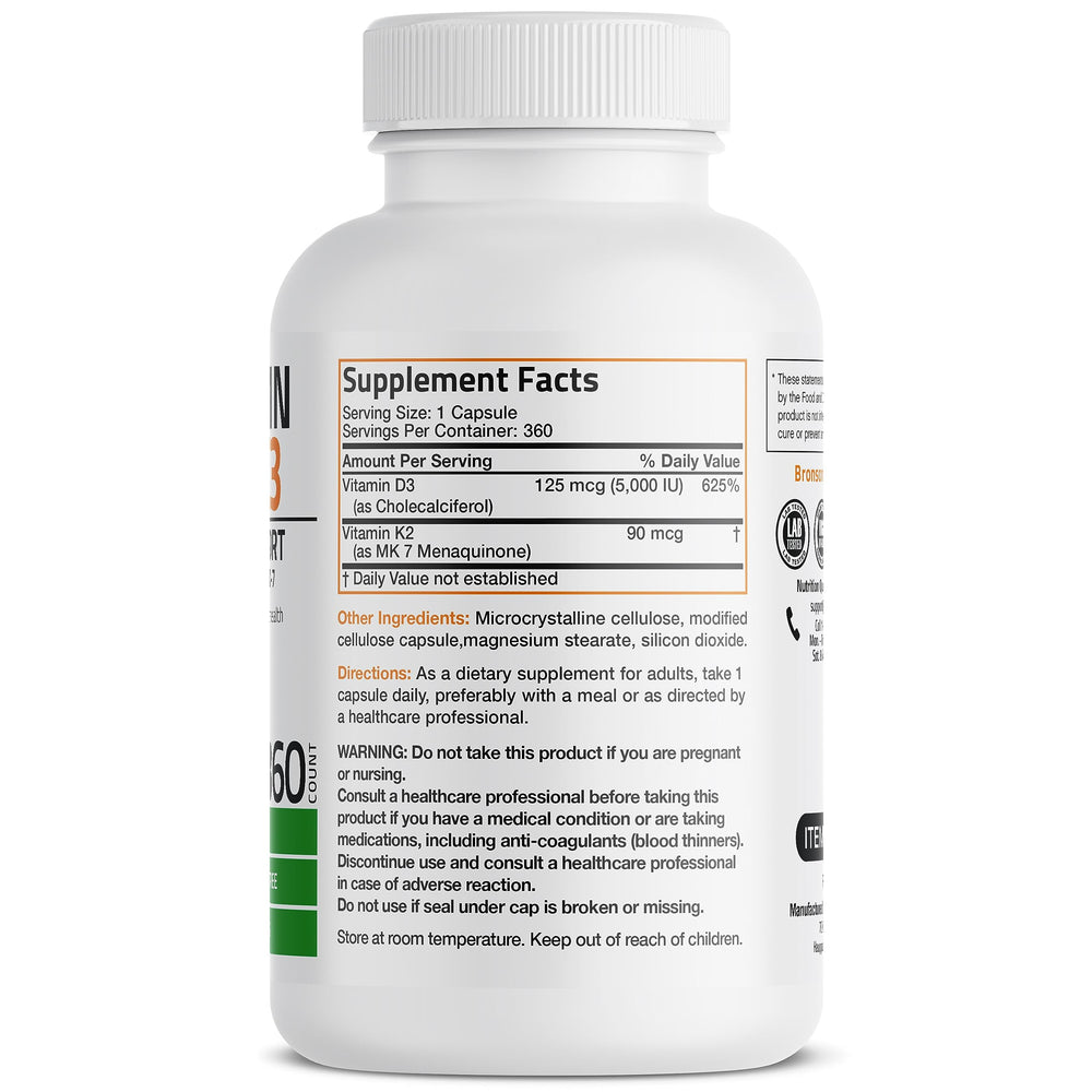 Bronson vitamin k2 mk7 d3 capsules closeup emphasizes easy-to-swallow capsules.