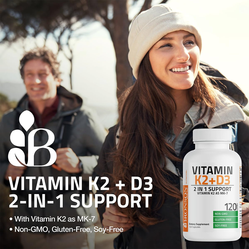 Bronson vitamin k2 mk7 d3 label view shows non-GMO and gluten-free formula.