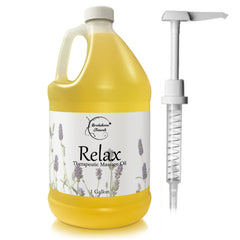 Brookethorne Naturals Relax Massage Oil bottle with pump for easy, mess-free professional sessions.