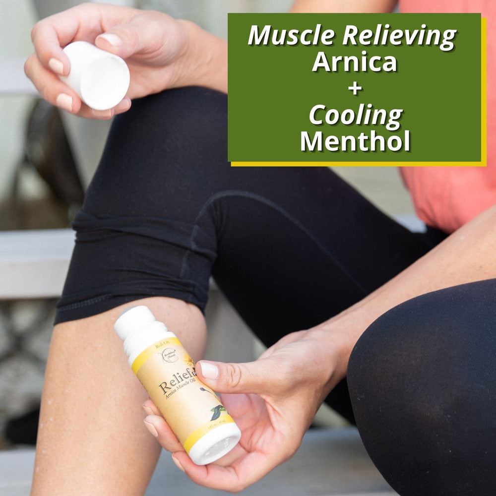 Brookethorne Naturals Relief Plus Arnica Muscle Oil roller applicator in action