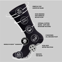 Brooklyn Socks slip-resistant bottom grips reduce slipping on smooth floors.
