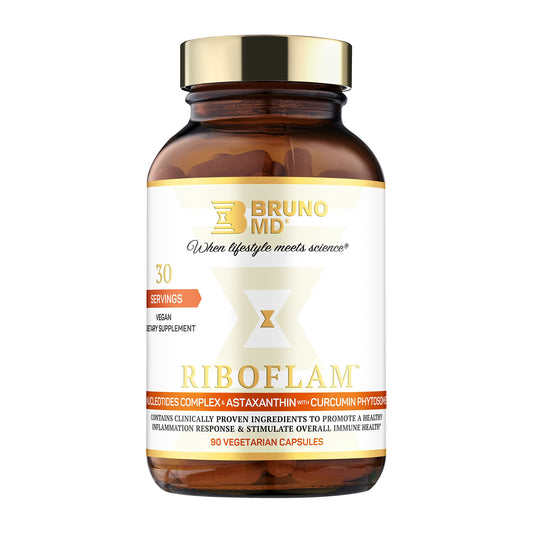 BRUNO MD Riboflam bottle close-up with vegan capsules for daily support