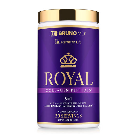 BRUNO MD Royal Collagen Peptides bottle closeup highlights EU-sourced formula for skin appearance
