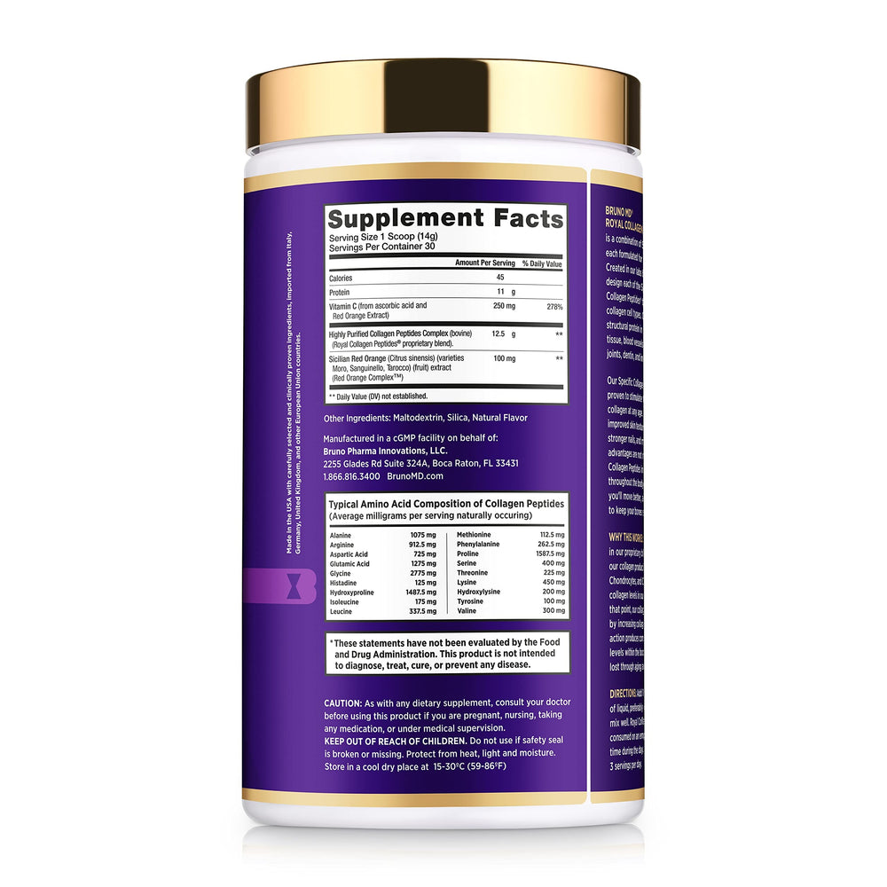 BRUNO MD Royal Collagen Peptides label detail emphasizes clean blend with vitamin C