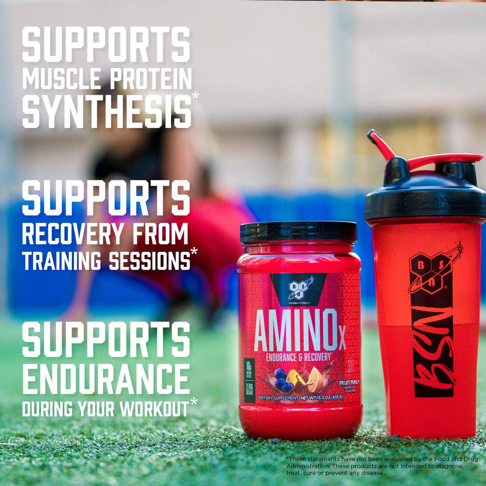 Close-up of BSN AMINO X powder highlighting 10 g per serving
