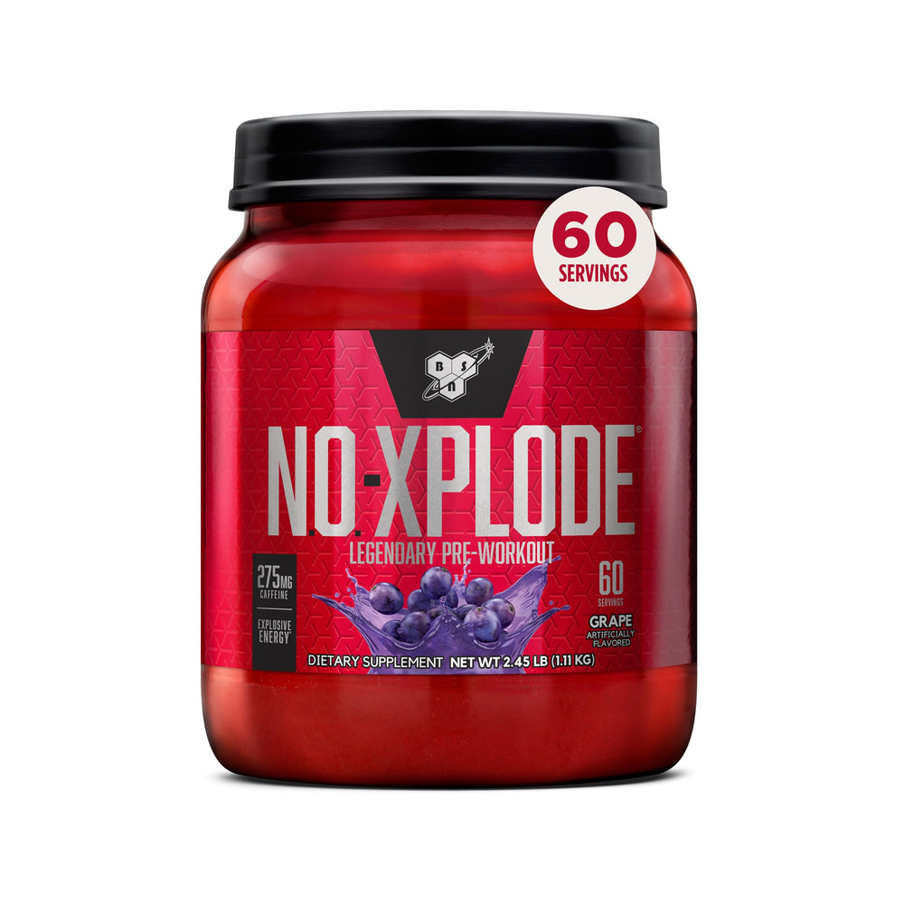 BSN N.O.-XPLODE grape powder tub front shows energy-boosting pre-workout use