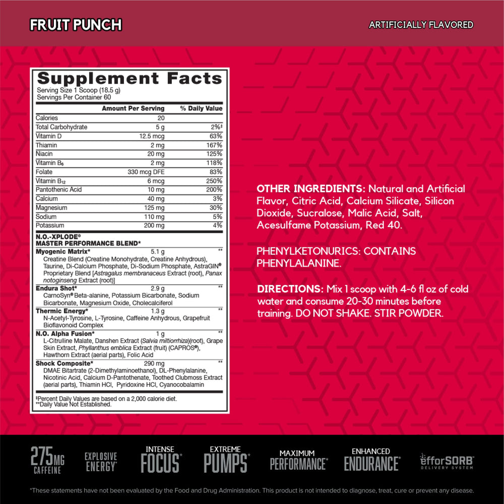 BSN N.O.-XPLODE label detail with energy ingredients