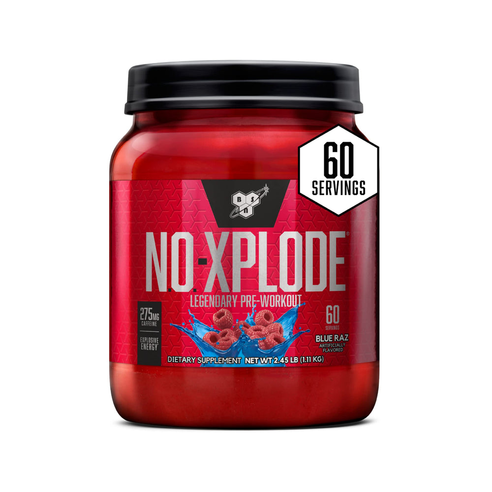 bsn n.o.-xplode tub in blue raz flavor energizes your training sessions