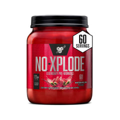BSN N.O.-XPLODE Watermelon bottle highlights energy boost for workouts.
