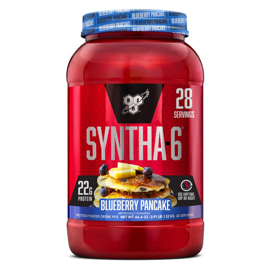 BSN SYNTHA-6 blueberry pancake tub highlighting 22g protein per serving.