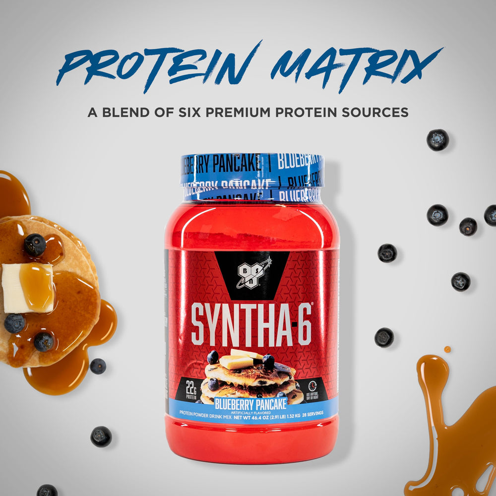 BSN SYNTHA-6 whey and micellar casein blend; steady amino supply.