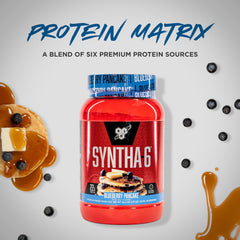 BSN SYNTHA-6 whey and micellar casein blend; steady amino supply.