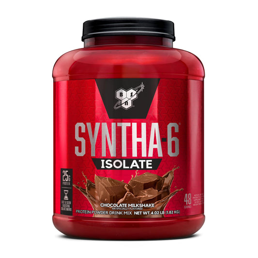 BSN SYNTHA-6 ISOLATE chocolate milkshake bottle shows premium protein blend for post-workout fueling