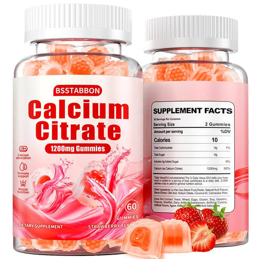 BSSTABBON calcium citrate gummies bottle front, highlighting high absorption and vegan daily calcium support.