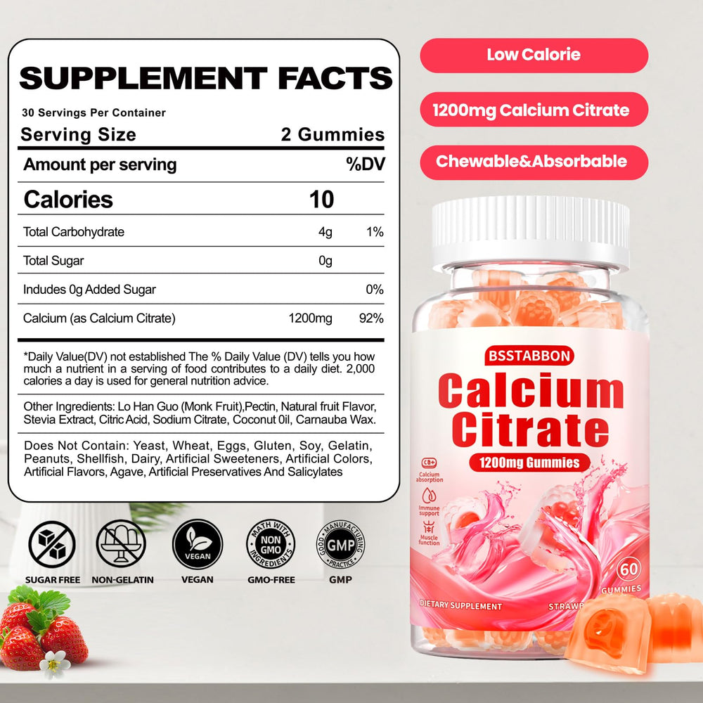 BSSTABBON calcium citrate gummies bottle label, showing 1200 mg dose and sugar-free formula.