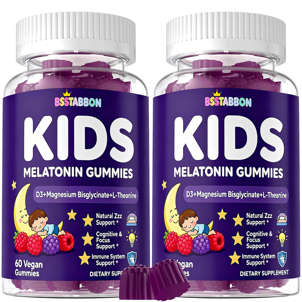 BSSTABBON kids melatonin gummies bottle close-up showing 1 mg per gummy for bedtime support
