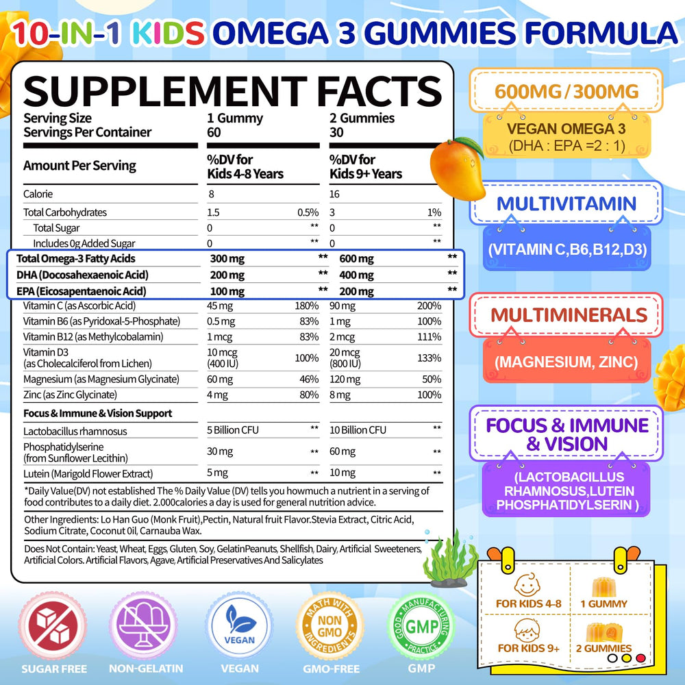 BSSTABBON vegan omega-3 kids gummies close-up, mango flavor and sugar-free formulation for children