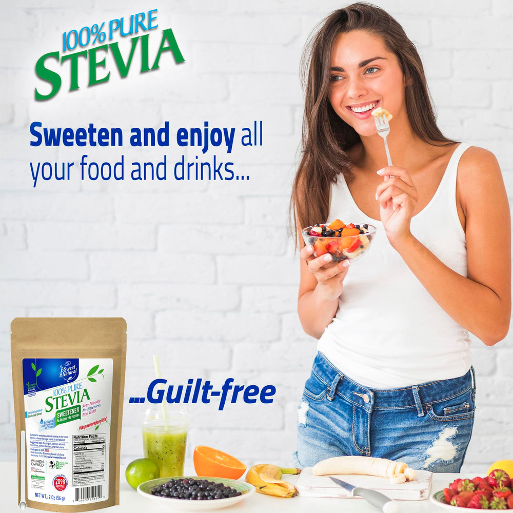 BSweetBNatural stevia powder bottle on kitchen counter