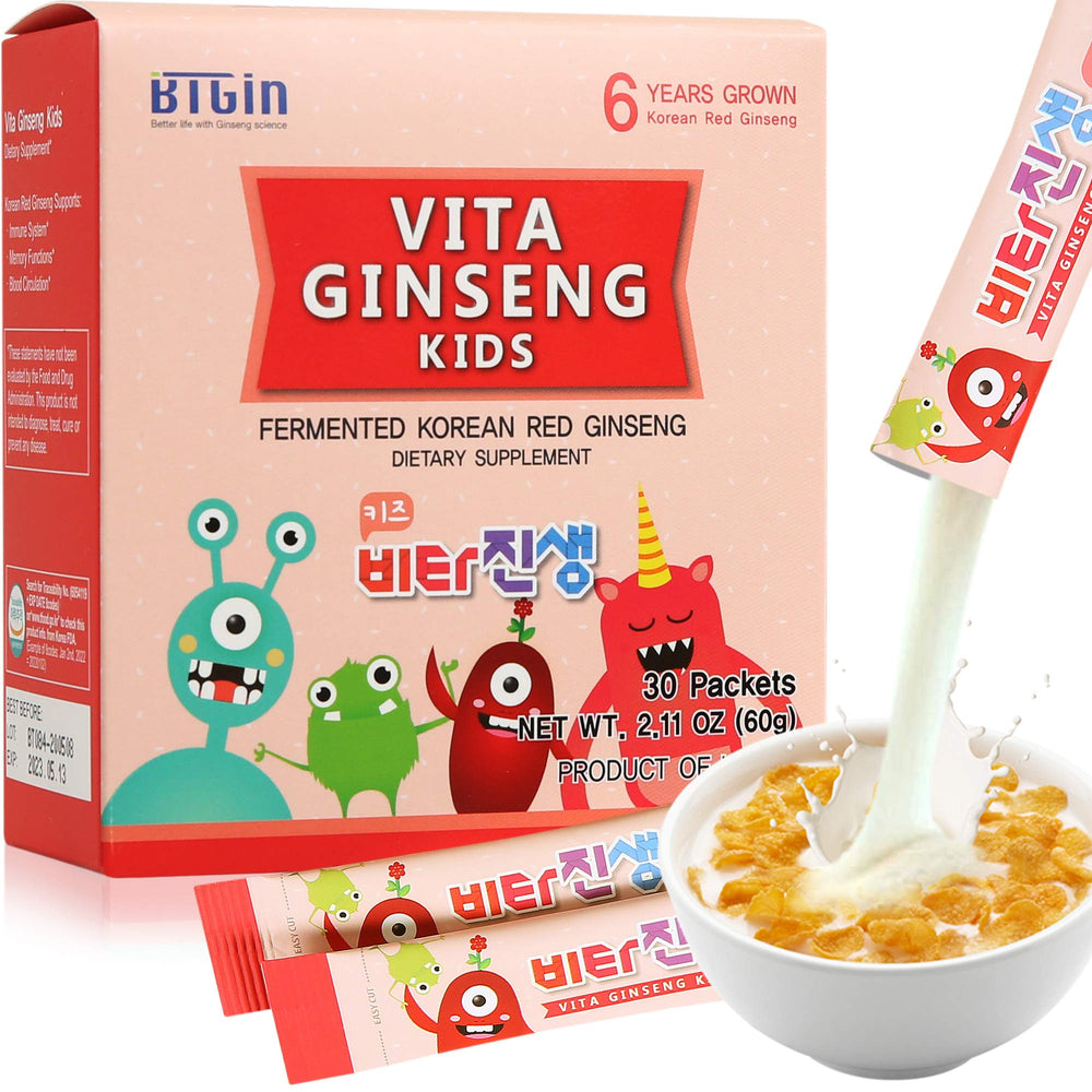 BTGIN Vita Ginseng Kids packet front for convenient daily immune support