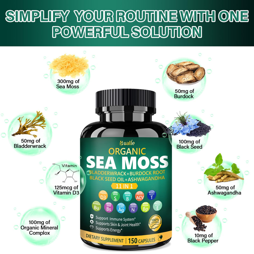 Bualle black seed oil capsules image suggests concentrated nutrient support.
