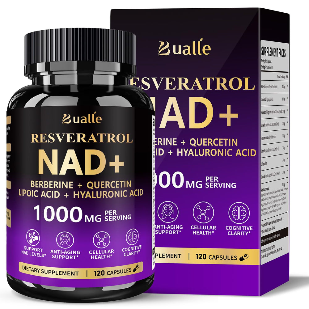 Bualle NAD supplement bottle front showcases brand packaging for daily vitality