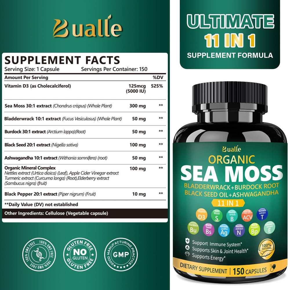 Bualle sea moss capsules close-up highlights compact, easy-to-take daily capsules.