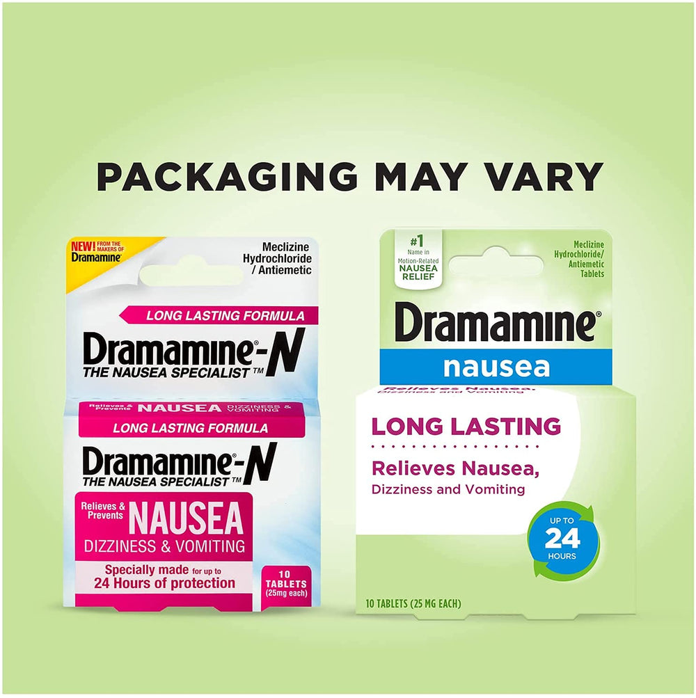 Traveler in a car uses Dramamine-N for motion-related relief during travel.
