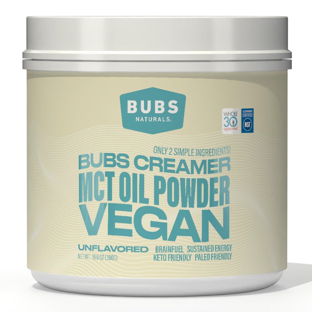 BUBS Naturals MCT Oil Powder bottle for quick keto energy.