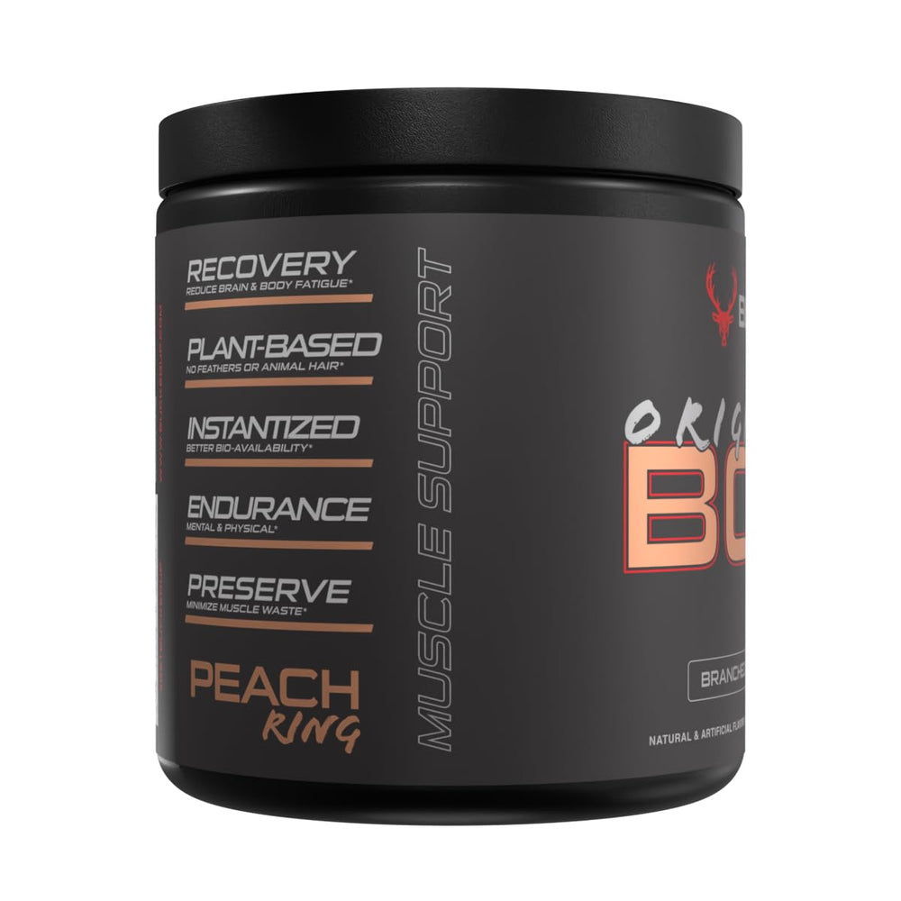 Ingredient label shows 100% pure, non-GMO BCAAs with third-party testing.