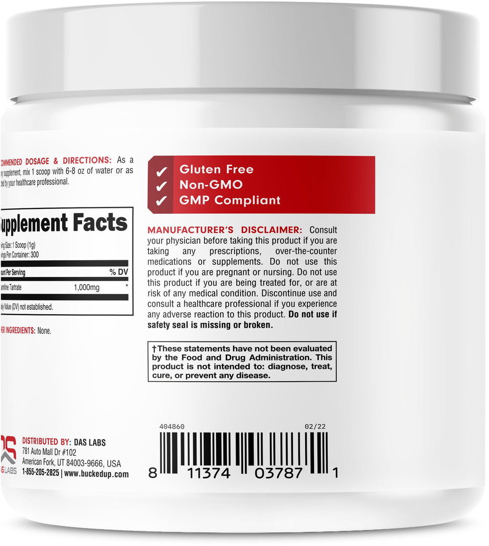 Bucked Up L-Carnitine Tartrate powder dissolving in water for quick mixing.