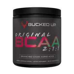 Bucked Up Original BCAA tub front showing 2:1:1 formula for pre and post workout support.