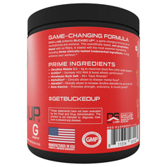 Bucked Up Pre Workout tub back view highlights premium packaging and seal