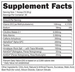 Bucked Up Pre Workout tub label shows full nutrition and caffeine blend