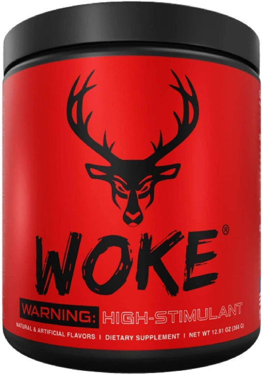 Bucked Up Woke blue raspberry bottle highlights high-stim energy and focus