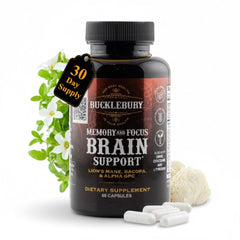 Bucklebury brain capsules label close-up for focused brain support at-a-glance.