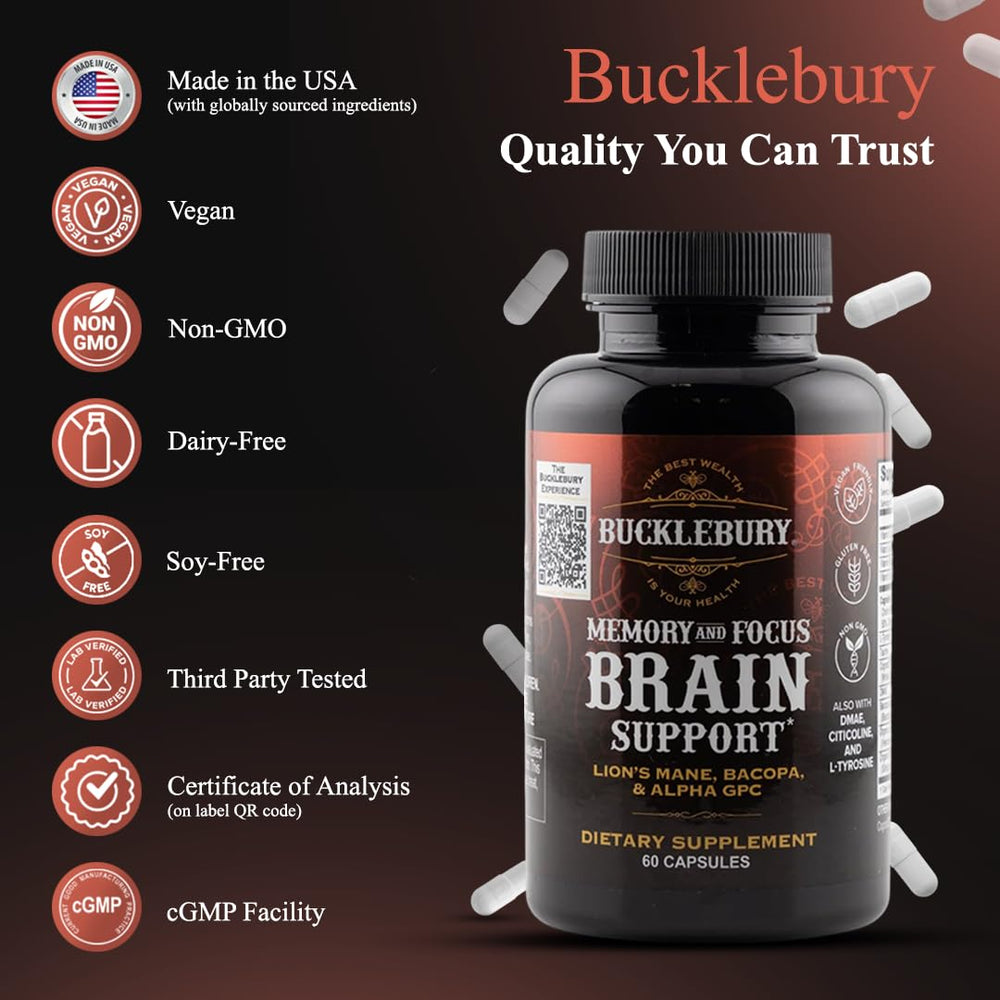 Bucklebury ingredients list shows Bacopa, Alpha GPC, Lion's Mane and more.