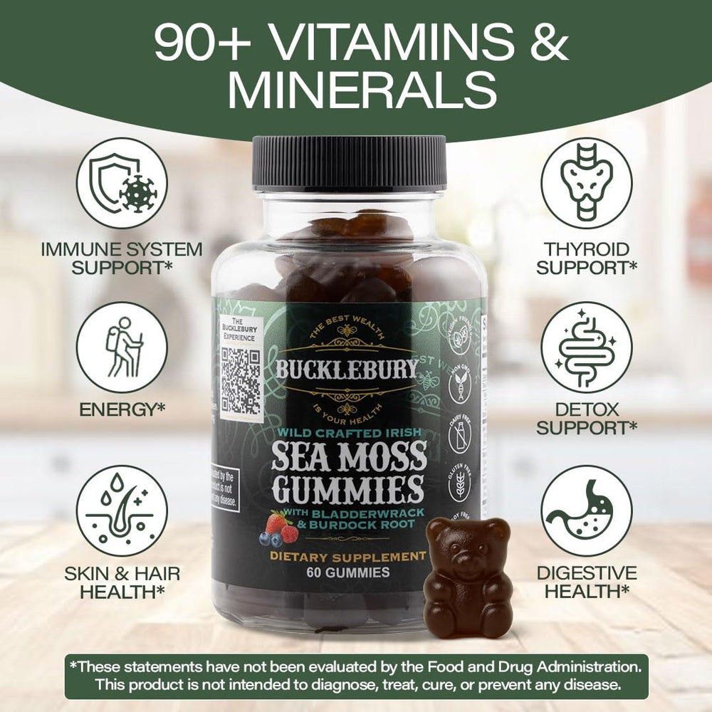 Bucklebury Sea Moss Gummies ingredients with burdock root for digestive health.